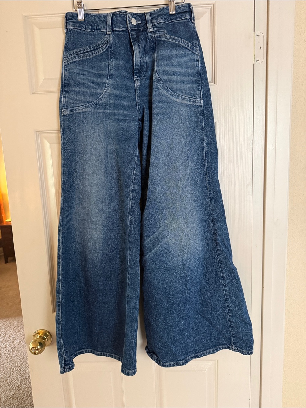 Pilcro Wide-Leg Flare Jeans in Medium Blue Denim